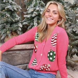 Simply Southern- Sparkly Sequin Pink Cardigan Sweater with Ornaments -Size Large